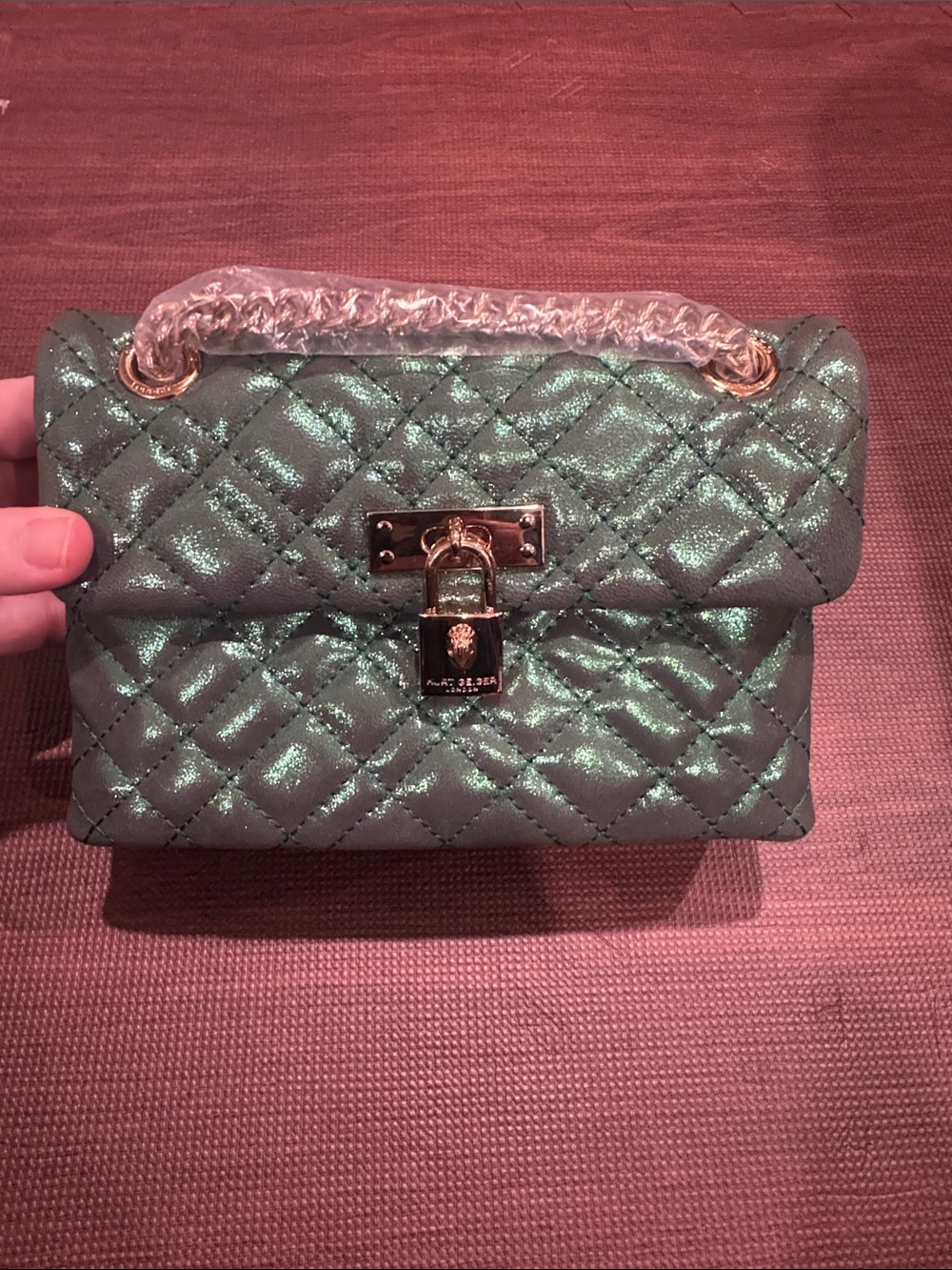 Kurt Geiger Quilted Metallic Green Chain Handle Shoulder Bag